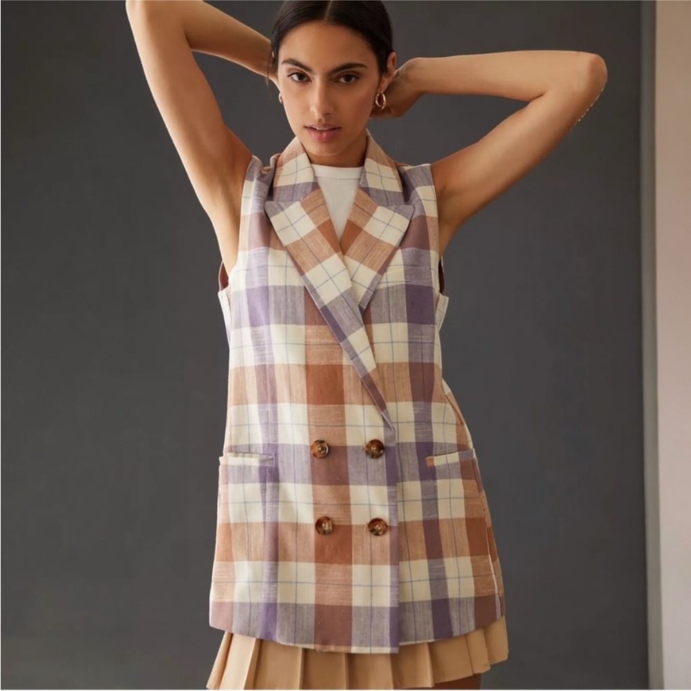 Anthropologie Hutch Plaid Longline Vest in Purple and Tan Linen Sz XXS